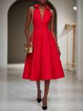 Robe midi classique rouge à col chemise sans manches, ligne A