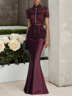 Wine Red Buckle Lace Classic Mock Neck Short Sleeve Mermaid Maxi Dress