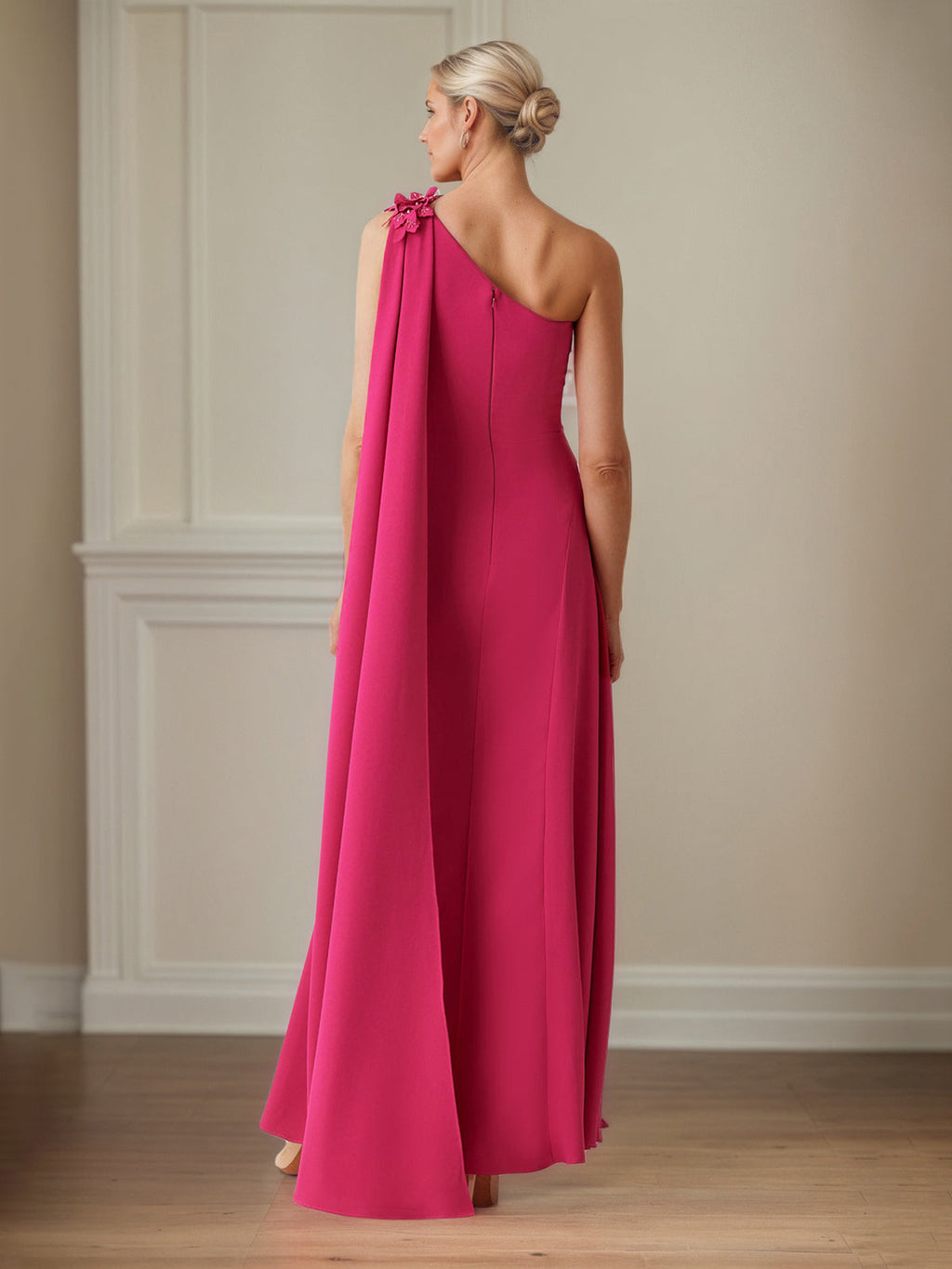 Robe de mère de la mariée en crêpe stretch couleur rouge à lèvres, coupe fourreau/colonne, une épaule, longueur au sol