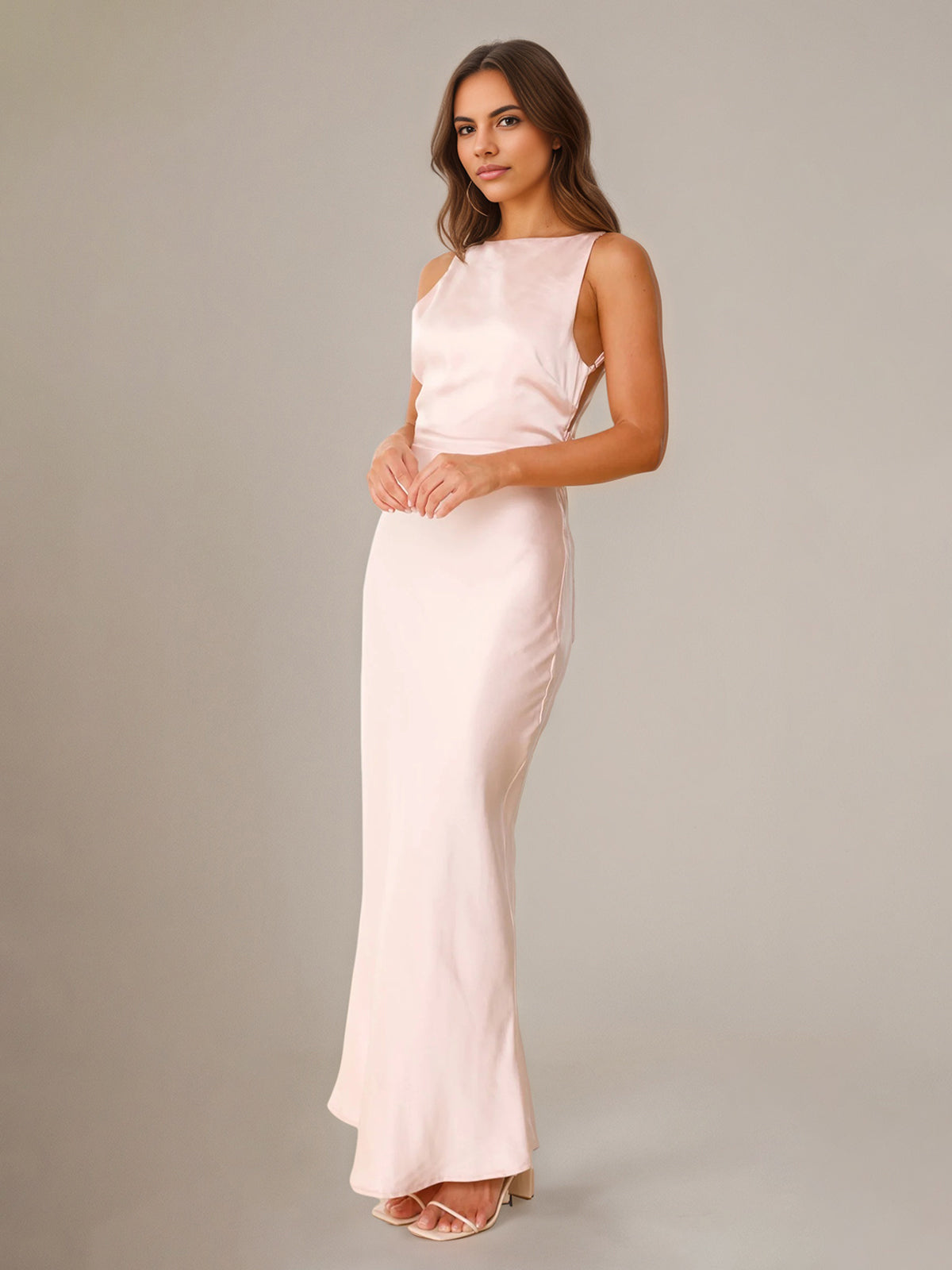 Blushing Pink Satin Sheath/Column Scoop Floor Length Bridesmaid Dresses