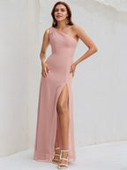 Dusty Rose Chiffon A Line One Shoulder Sleeveless Floor Length Bridesmaid Dress