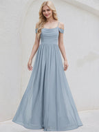 Dusty Blue Chiffon A Line Spaghetti Straps Sleeveless Floor Length Bridesmaid Dress