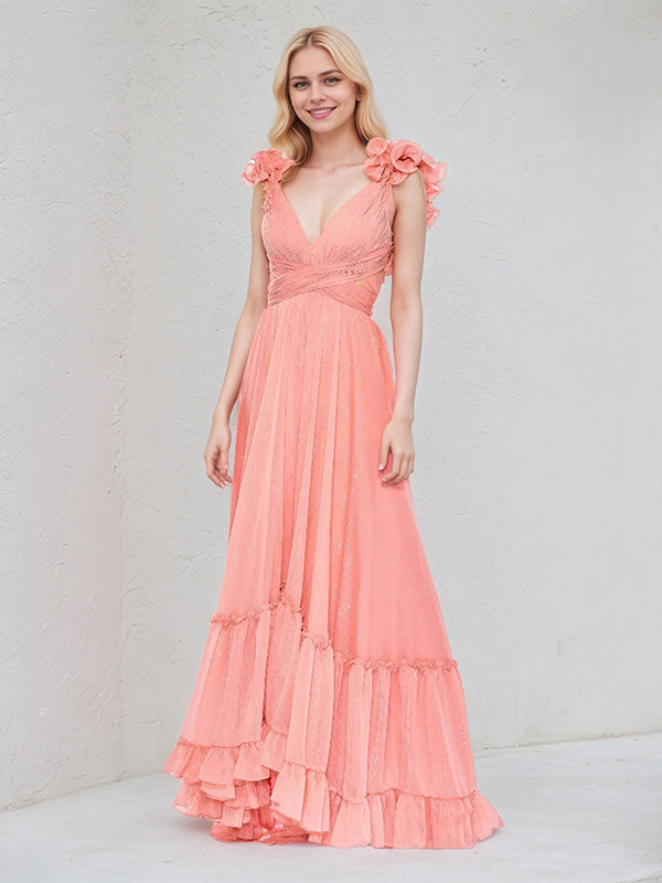 Vestido coral de dama de honor de gasa en línea A con escote en V, sin mangas, fruncido y asimétrico con manga de volante