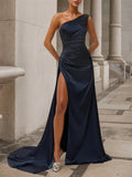 Purplish Blue Side-Slit One Shoulder Gown Satin Dress