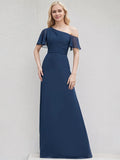 Navy Blue Chiffon A Line One Shoulder Short Sleeves Floor Length Bridesmaid Dress