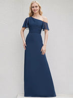 Navy Blue Chiffon A Line One Shoulder Short Sleeves Floor Length Bridesmaid Dress