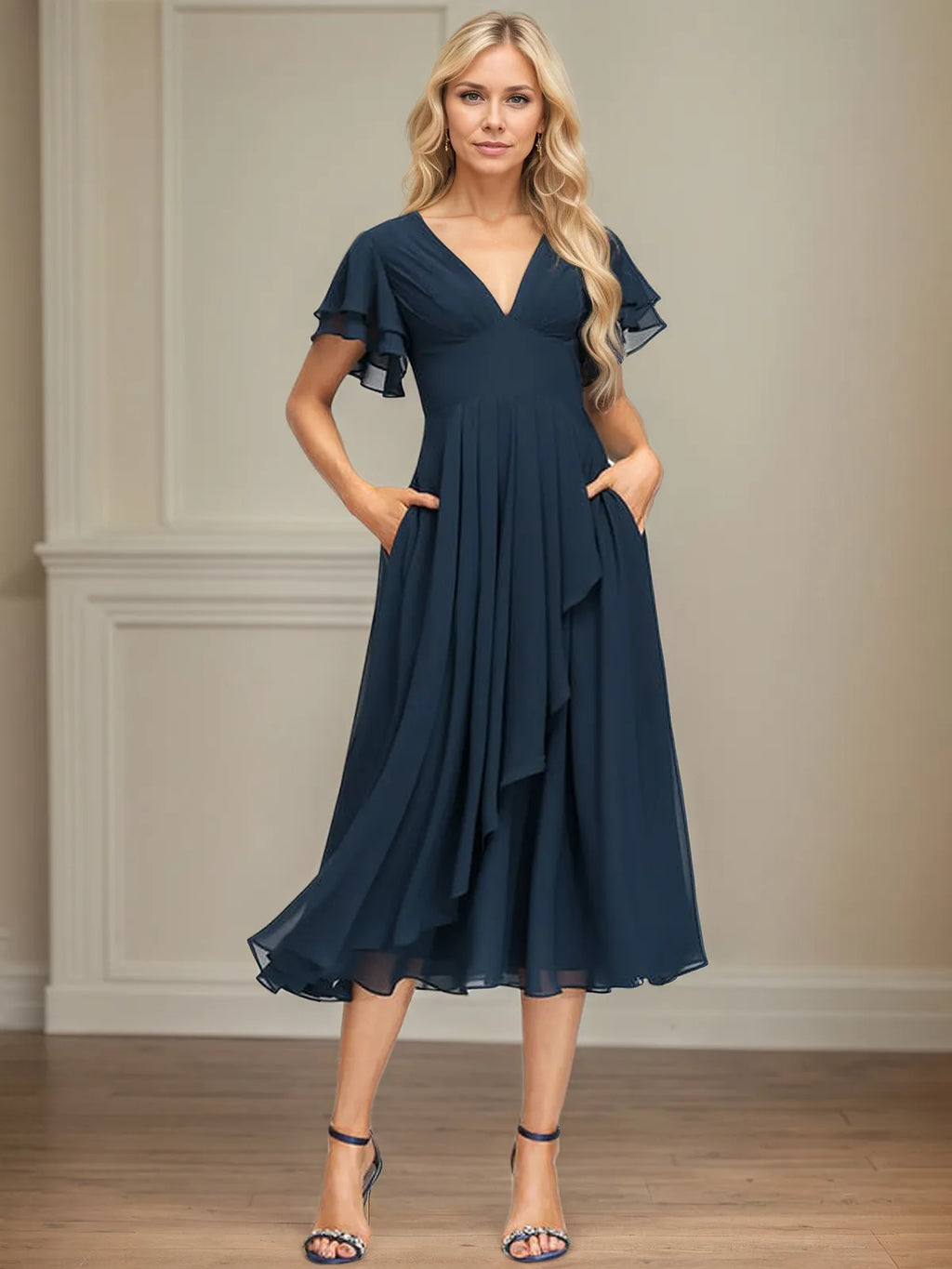 Vestido de chiffon em linha A, comprimento tea, decote em V e babados em cascata