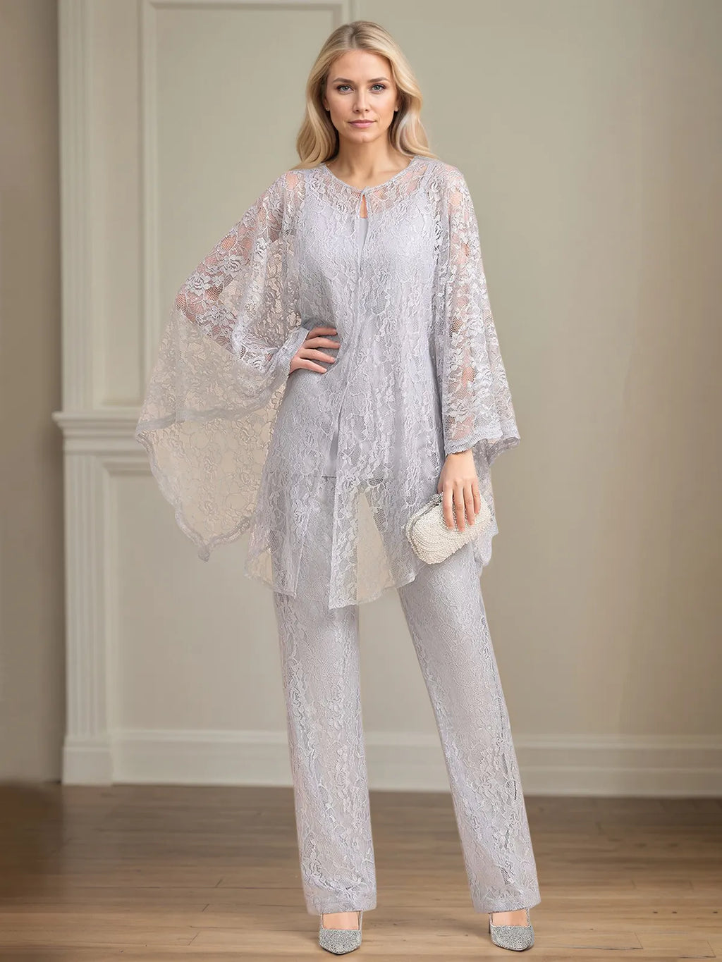 Conjunto de Calça para Mãe da Noiva em Chiffon com Decote V, Sem Mangas, Comprimento Longo e Aplicações