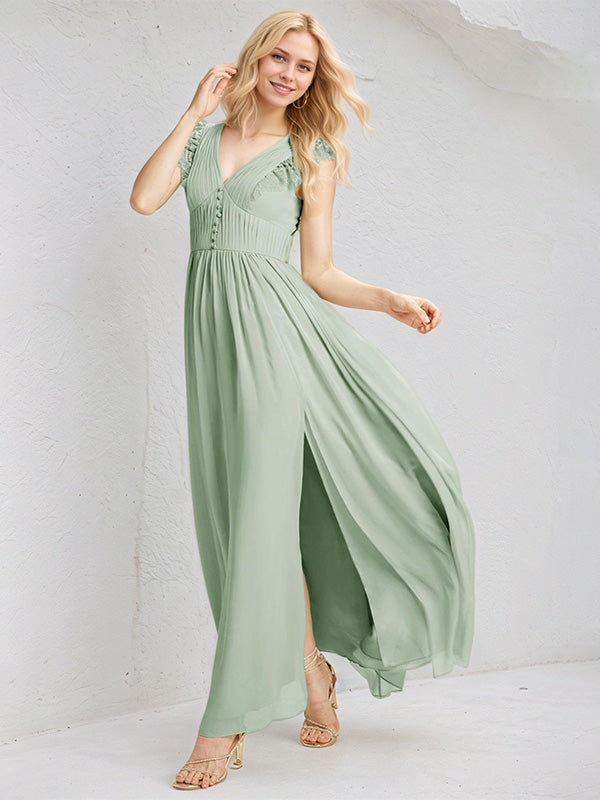 Sage Chiffon A Line V Neck Sleeveless Floor Length Pleated Bridesmaid Dresses