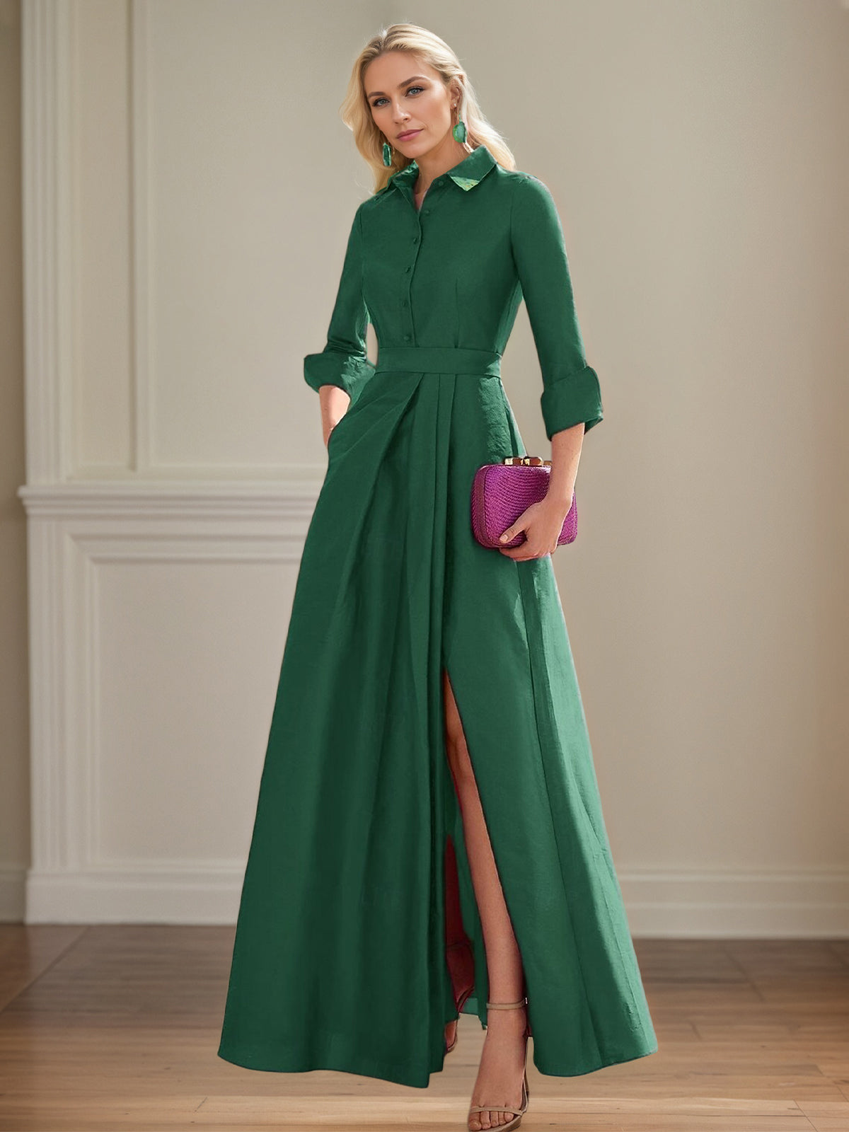 A Line High Neck 3/4 Sleeves Floor Length Mother of the Bride Dresses