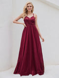 Burgundy Tulle A Line Spaghetti Straps Sleeveless Floor Length Bridesmaid Dress