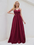 Burgundy Tulle A Line Spaghetti Straps Sleeveless Floor Length Bridesmaid Dress