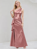 Desert Rose Satin A Line One Shoulder Floor Length Bridesmaid Dress With Ruffle