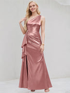 Desert Rose Satin A Line One Shoulder Floor Length Bridesmaid Dress With Ruffle