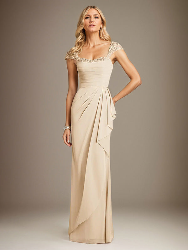 Champagne Sheath/Column Chiffon Square Neck Short Sleeves Floor Length Dress