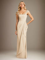 Champagne Sheath/Column Chiffon Square Neck Short Sleeves Floor Length Dress