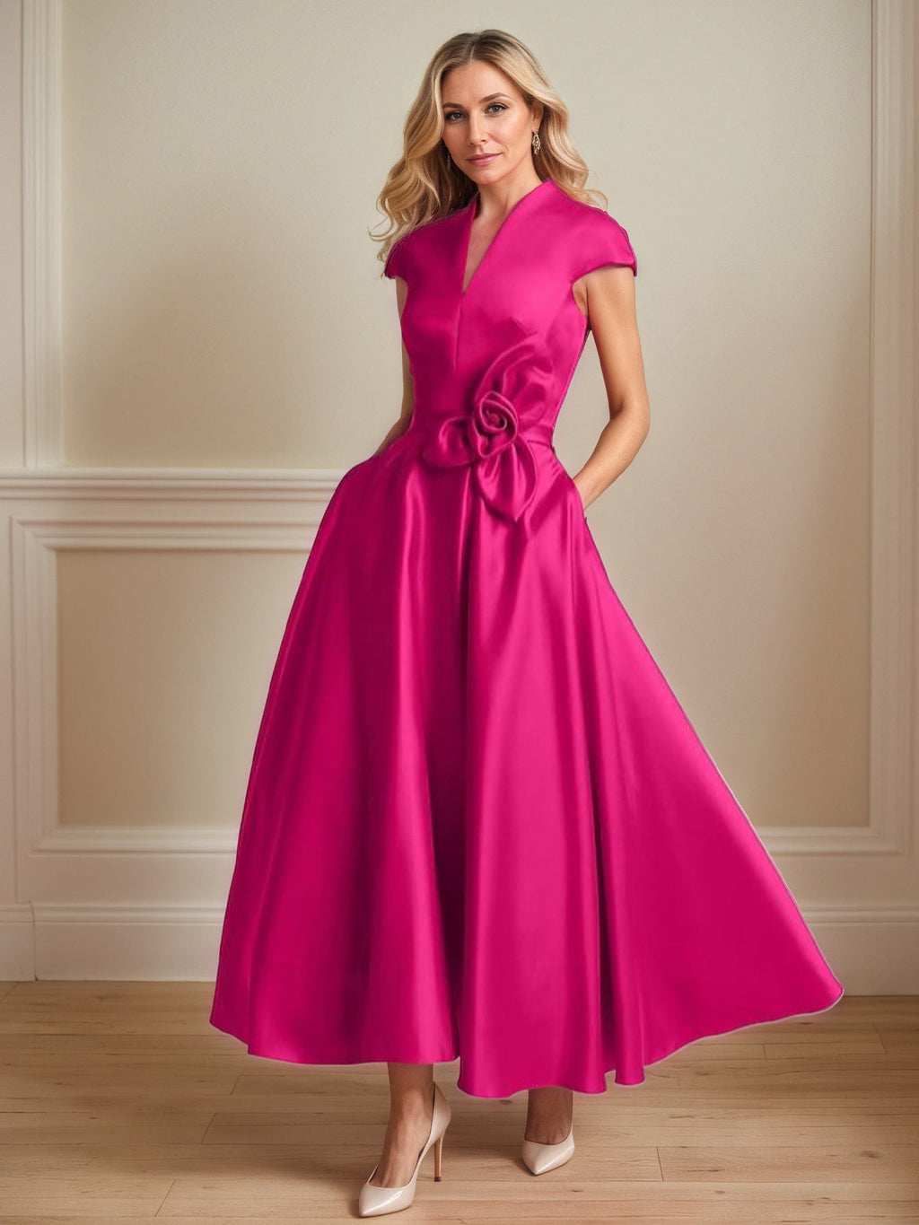 Robe de mère de la mariée rose vif en satin, ligne A, col en V, manches courtes, longueur cheville