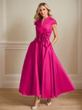 Robe de mère de la mariée rose vif en satin, ligne A, col en V, manches courtes, longueur cheville