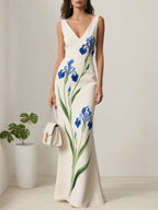 White Floral Classic V Neck Sleeveless A-Line Gown Dress