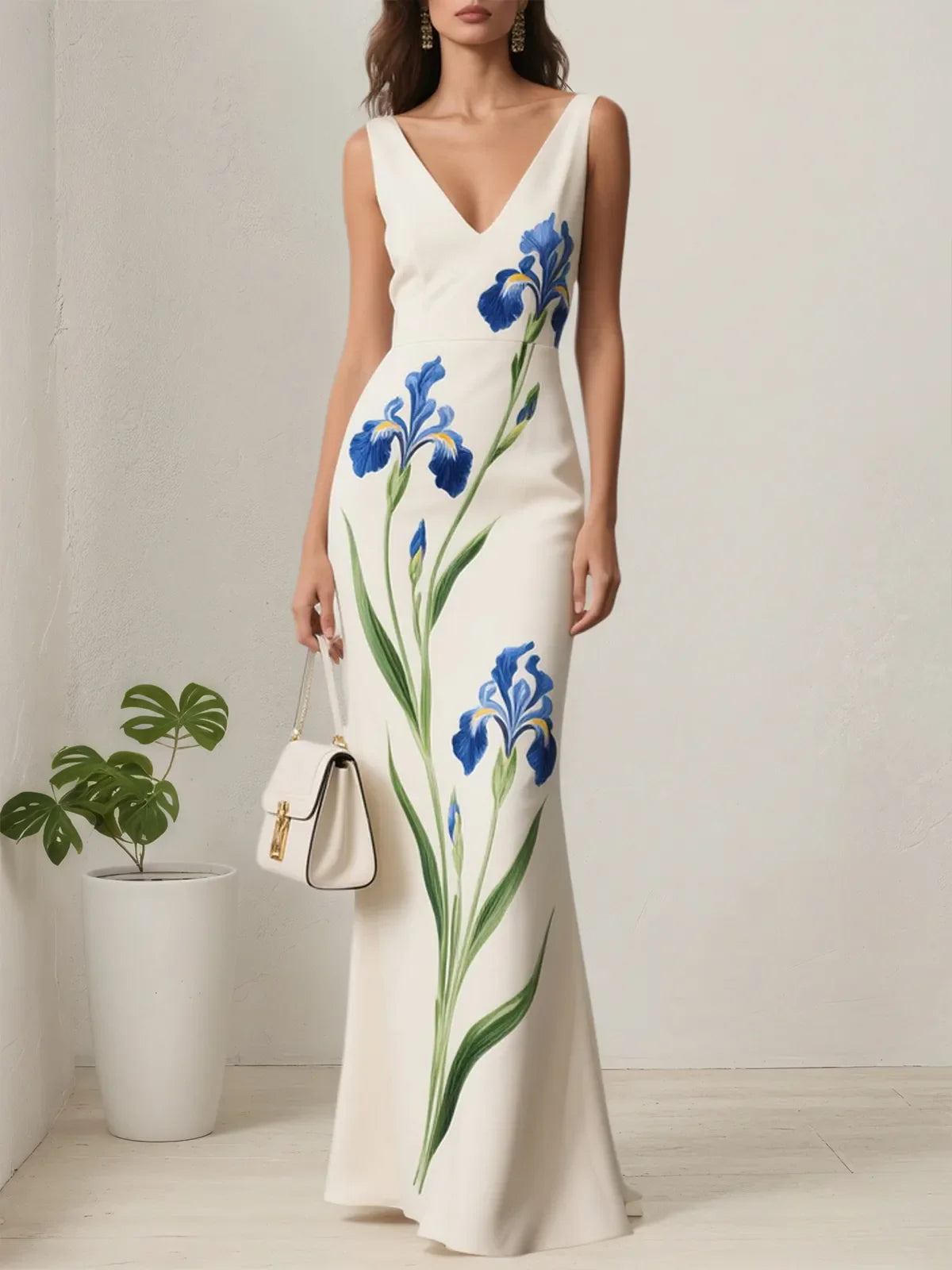 White Floral Classic V Neck Sleeveless A-Line Gown Dress