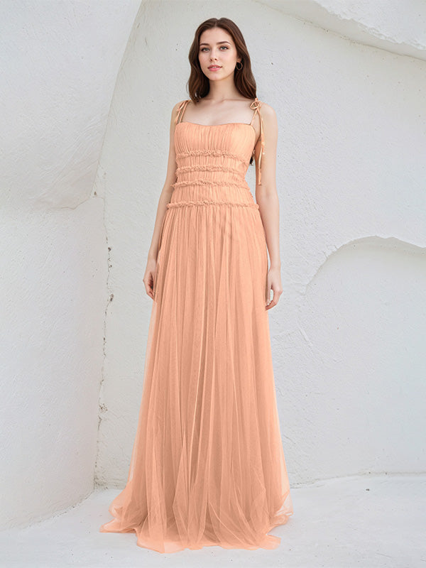 Robes de demoiselle d'honneur longues en tulle, ligne A, bretelles spaghetti sans manches