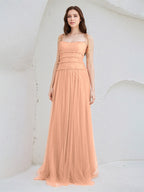 Robes de demoiselle d'honneur longues en tulle, ligne A, bretelles spaghetti sans manches