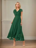 A-Linien Chiffon Kleid mit V-Ausschnitt, flatternden Ärmeln, knöchellang mit Applikationen