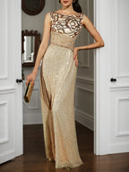 Vestido de gala línea A color champán dorado con lentejuelas