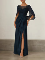 Purplish blue Lace Chiffon Boat Neck Short Sleeve A-Line Maxi Dress