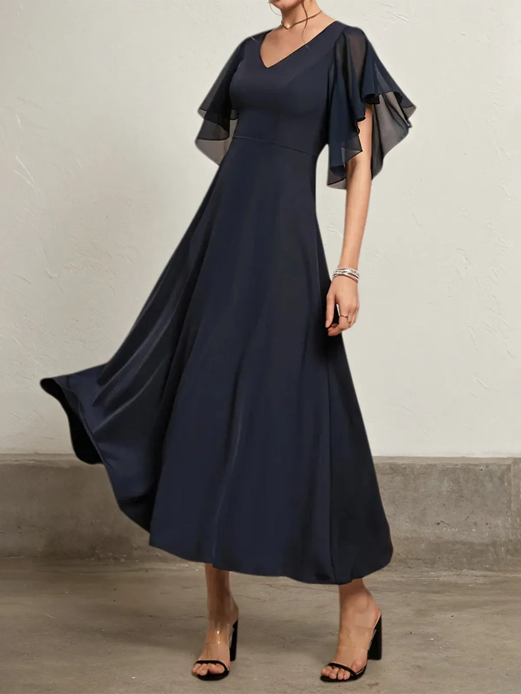 Purplish blue Chiffon V Neck Short Sleeve Bell Sleeve A-Line Midi Dress