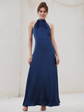 A Line Royal Blue Satin Halter Neck Sleeveless Ankle Length Pleated Dress With Bow
