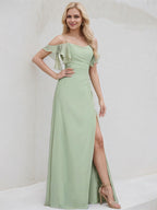 Celadon Chiffon A Line Spaghetti Straps Floor Length Bridesmaid Dress With Ruffle