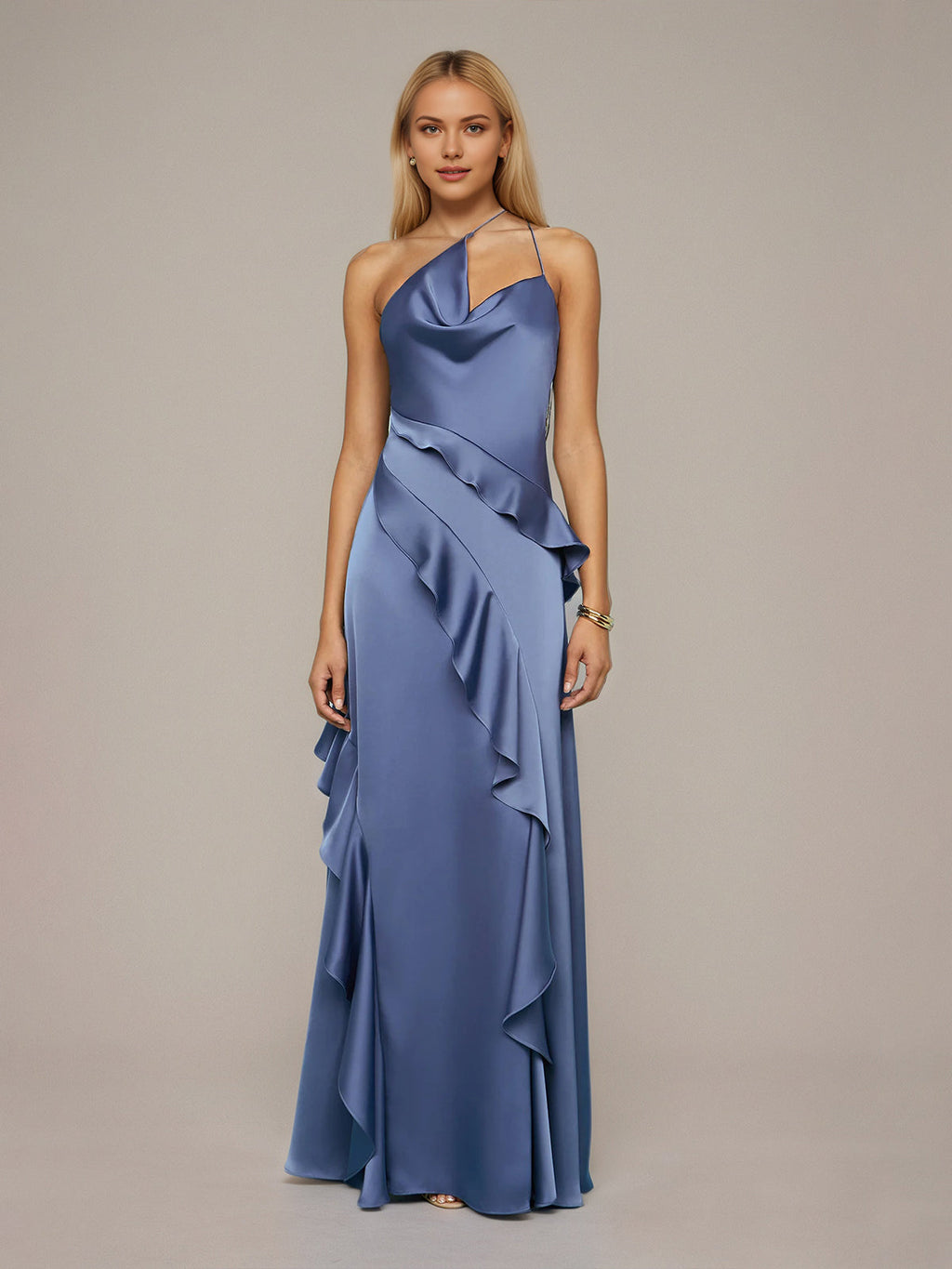 Schieferblaues Etuikleid/Säulenkleid aus Satin, asymmetrisch, ärmellos, bodenlang mit Rüschen