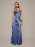 Schieferblaues Etuikleid/Säulenkleid aus Satin, asymmetrisch, ärmellos, bodenlang mit Rüschen