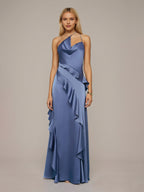 Schieferblaues Etuikleid/Säulenkleid aus Satin, asymmetrisch, ärmellos, bodenlang mit Rüschen
