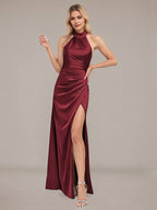 Burgundy Sheath/Column Halter Floor-Length Satin Bridesmaid Dress With Ruched