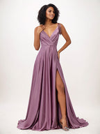 Vestidos de madrinha wisteria em cetim, corte evasê, babados, decote em V, sem mangas, comprimento até o chão