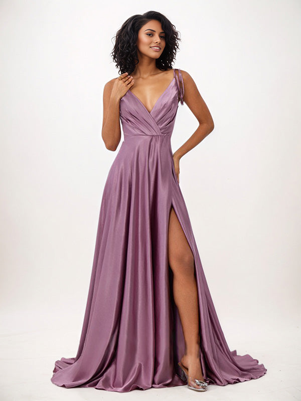 Vestidos de madrinha wisteria em cetim, corte evasê, babados, decote em V, sem mangas, comprimento até o chão