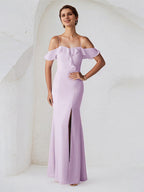 Lilac Chiffon Sheath/Column Spaghetti Straps Sleeveless Floor Length Bridesmaid Dress With Ruffle