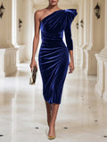 Royal Blue One Shoulder Three Quarter Sleeve Sheath Midi Velvet Dress