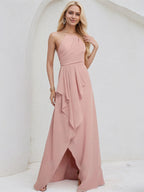 Dusty Rose Chiffon A Line Halter Neck Sleeveless Asymmetrical Bridesmaid Dress