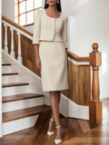 Women Beige Buckle U-Neck Half Sleeve Dressy Coat With Skirt Two-Piece Set