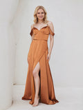 Bronze Satin A Line Spaghetti Straps Sleeveless Floor Length Bridesmaid Dress