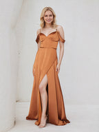 Bronze Satin A Line Spaghetti Straps Sleeveless Floor Length Bridesmaid Dress