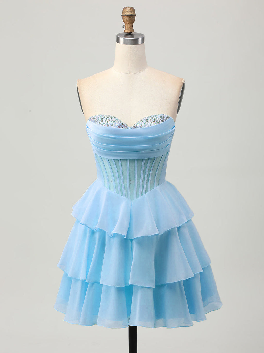 Vestido de regreso a casa línea A sin tirantes con corsé en capas y abalorios