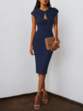 Abito midi aderente senza maniche blu violaceo con scollo rotondo arricciato