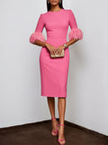 Rose Red Feather Classic Crew Neck Half Sleeve Sheath Midi Dress