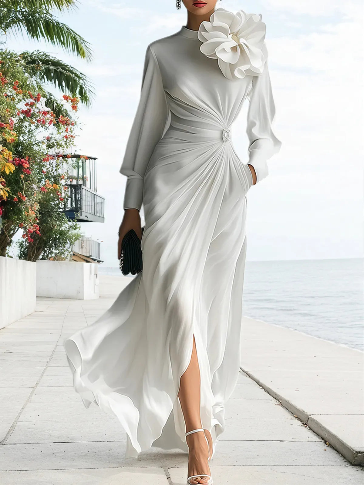 Elegantes langärmeliges plissiertes Chiffonkleid mit floraler Verzierung