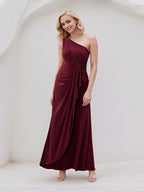 A Line Burgundy Satin One Shoulder Sleeveless Ankle Length Dress