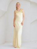 Champagne Satin Sheath/Column V Neck Floor Length Bridesmaid Dress
